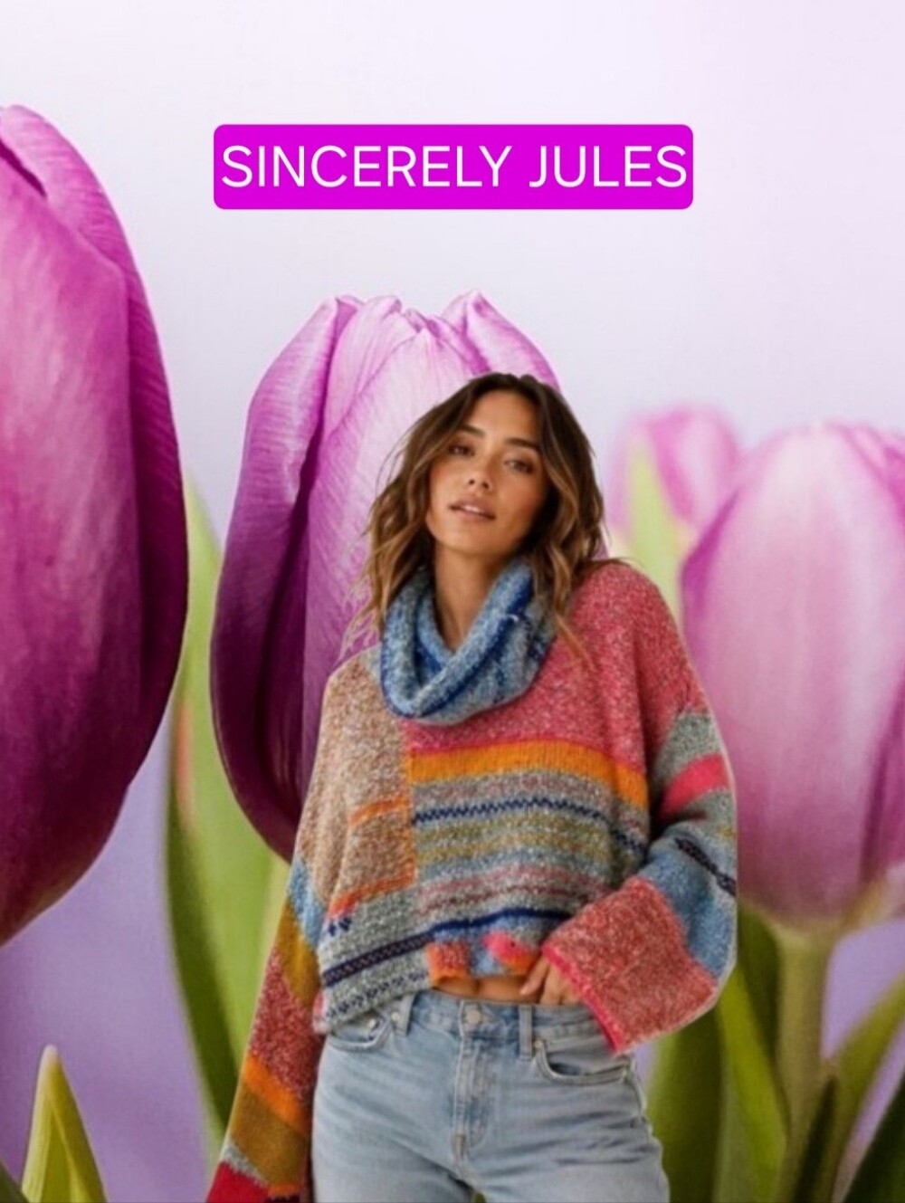 Sincerely Jules Multicolor Striped Cowl Neck Sweater - Pink, Blue, Gray, Yellow